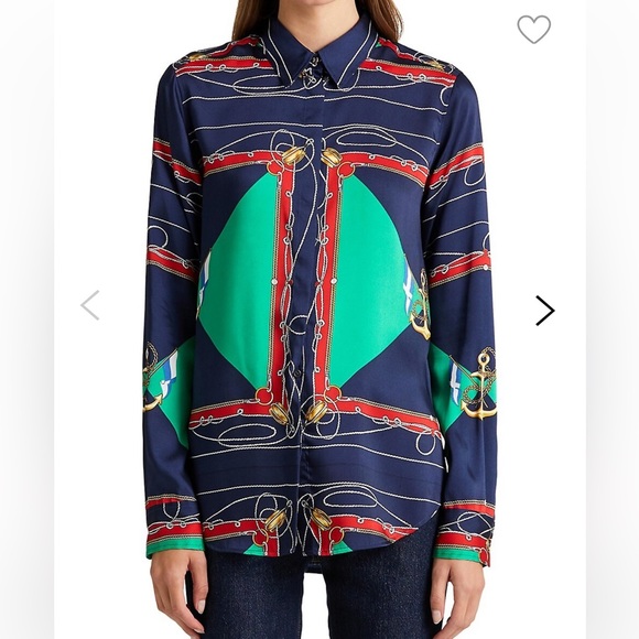 Lauren Ralph Lauren Multi Print Nautical Motif Twill Shirt Size M - Picture 1 of 12